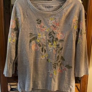 LOFT Gray Floral Long Sleeve Top